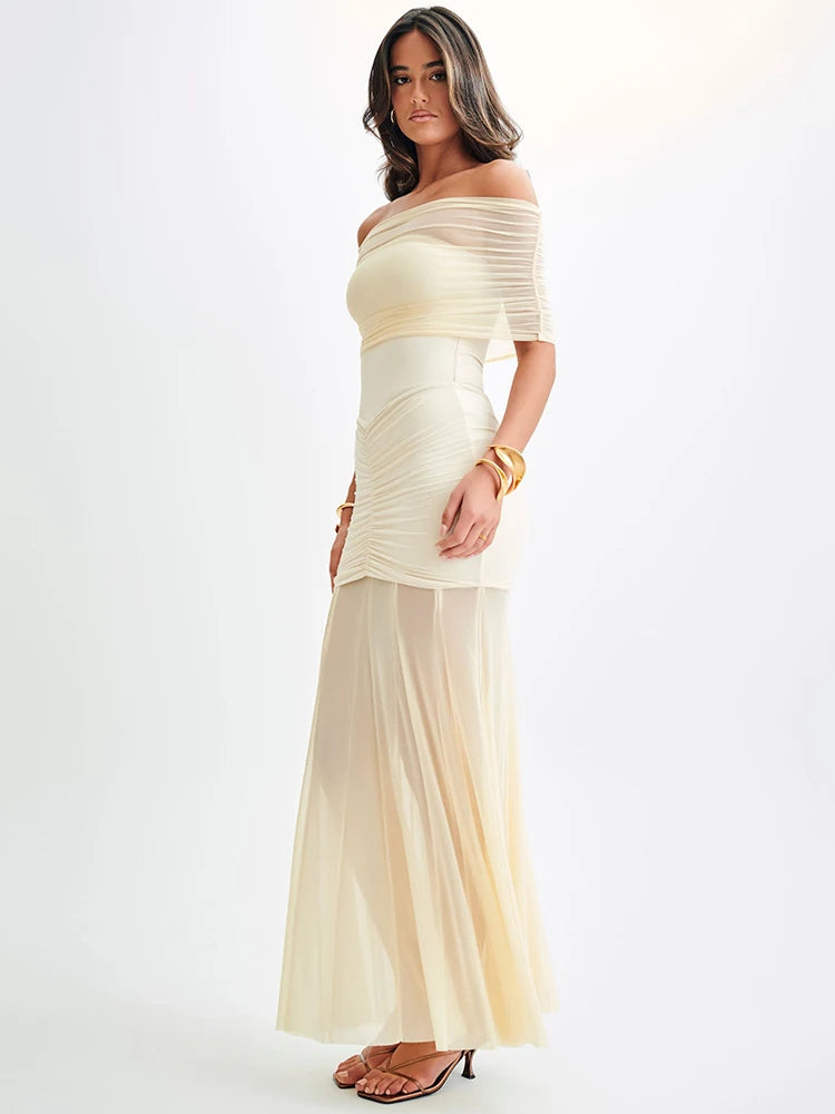Elegante off shoulder dames maxi jurk met luxe uitstraling