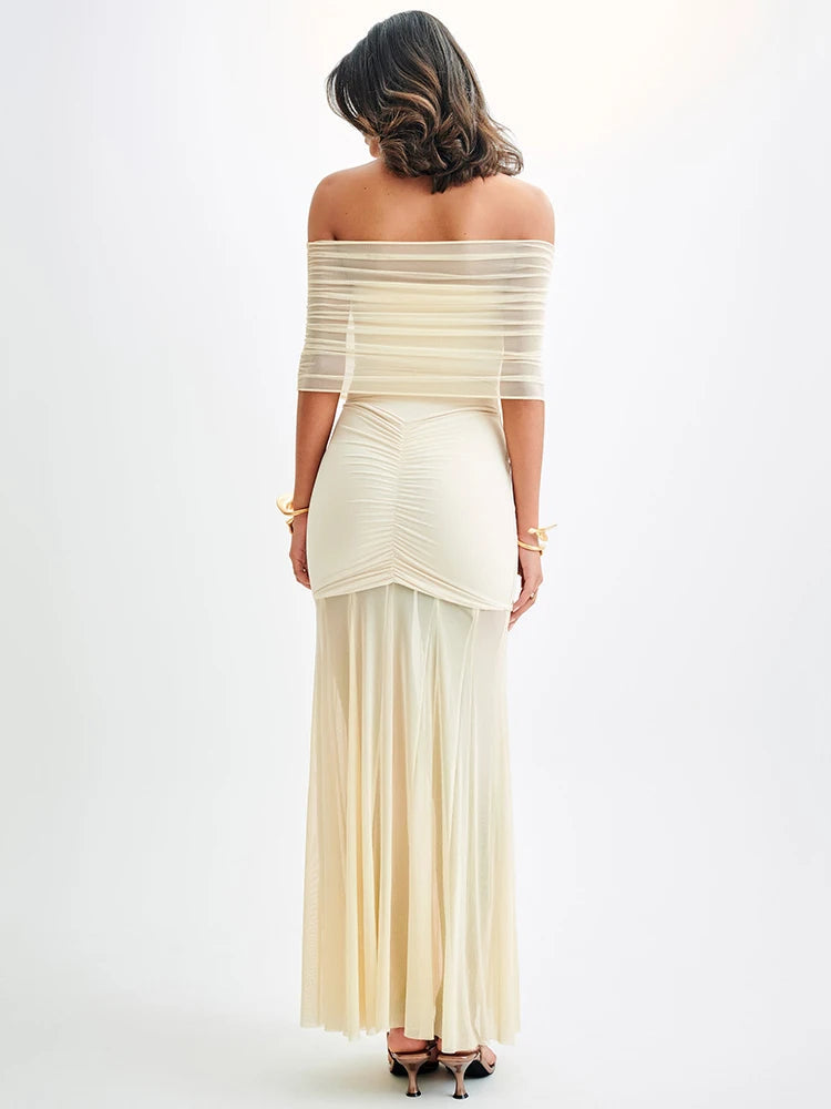 Elegante off shoulder dames maxi jurk met luxe uitstraling