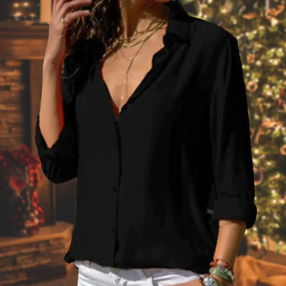 Lunara - Zwarte Satijnen Damesblouse met Elegante Mouwen en Luxe Afwerking.