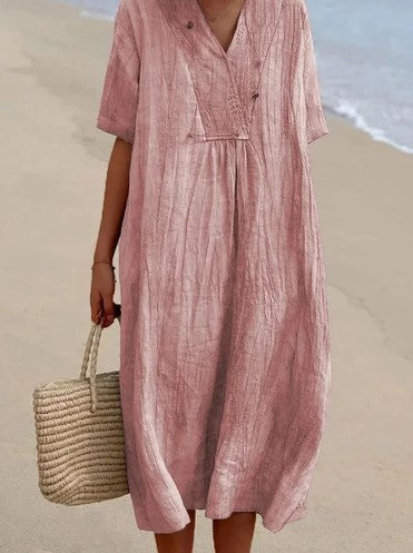Evaluna – Midi-zomerjurk van katoen-linnen met moeiteloze elegantie