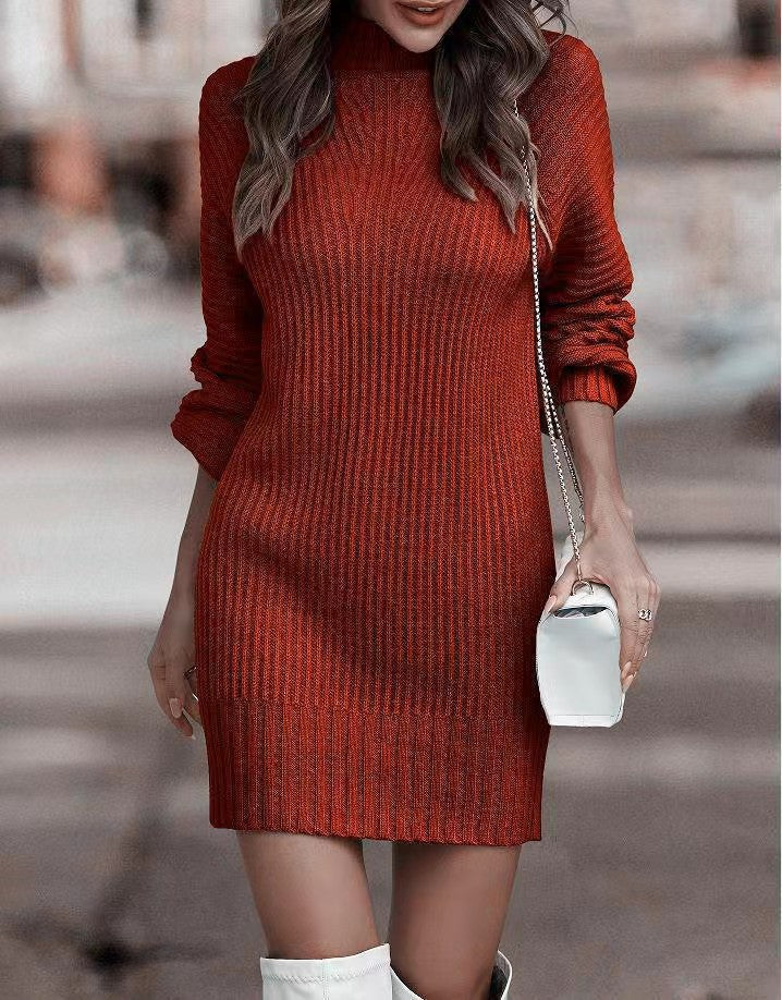 Lorena – Gebreide Midi Jurk met Hoge Kraag en Tijdloze Elegantie