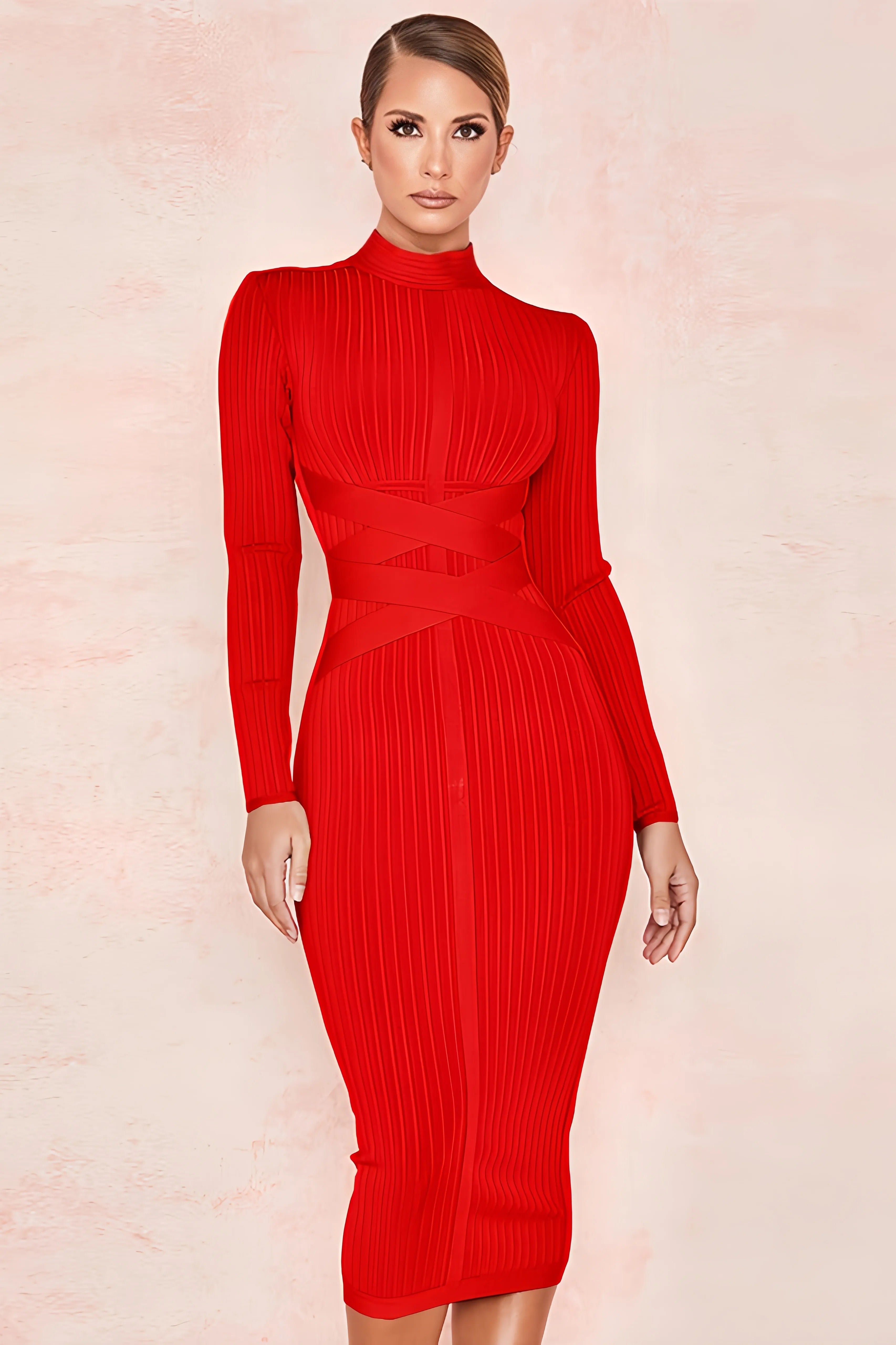 Elowina Midi Jurk – Geribbelde Elegantie met Wikkeldetail en Hoge Halslijn