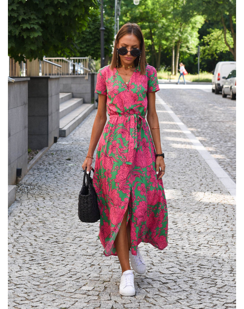 Floravienne – Zomerse bloemenjurk met diepe V-hals en hoge split