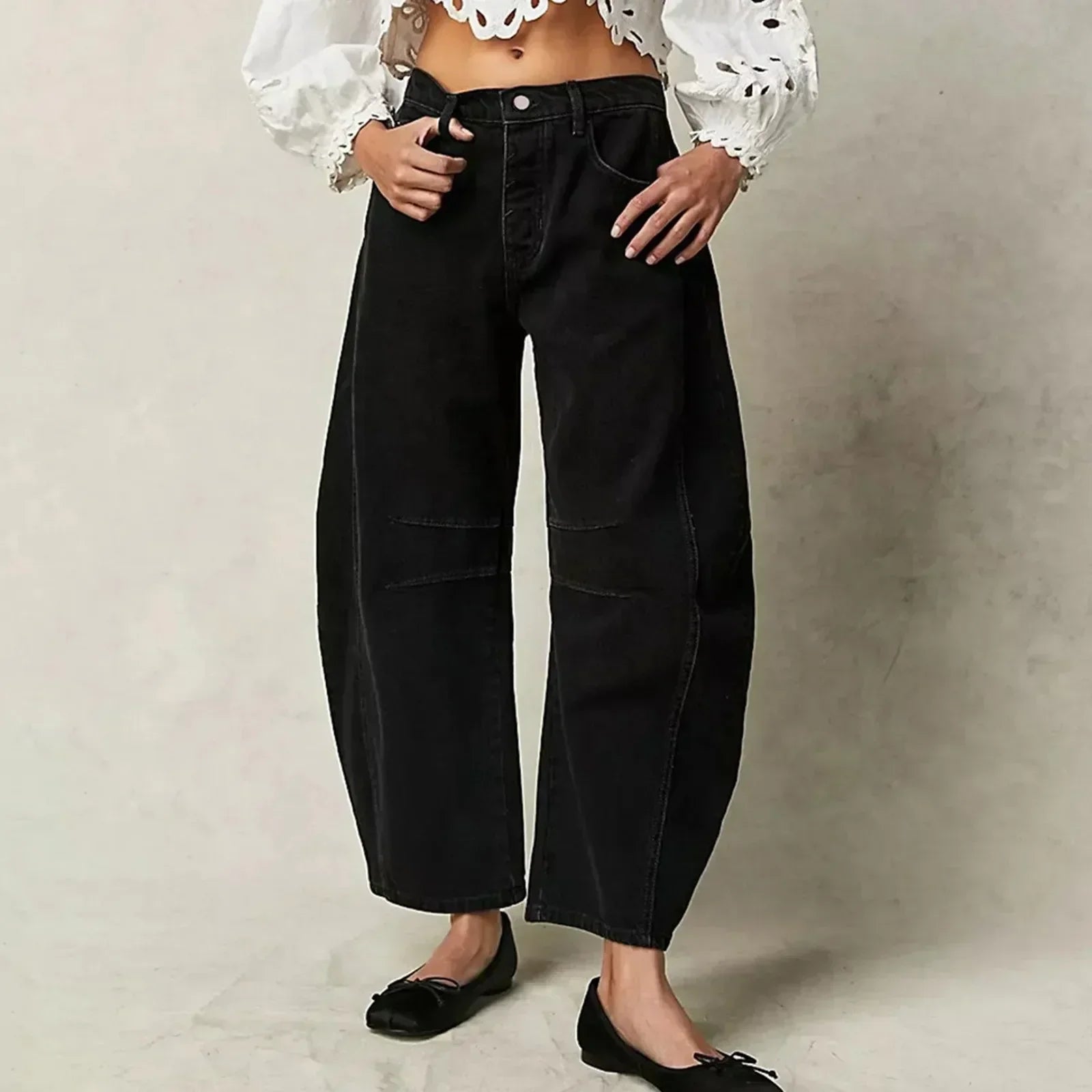 Dames balloon broek met wijde pijpen en stretch – lage taille