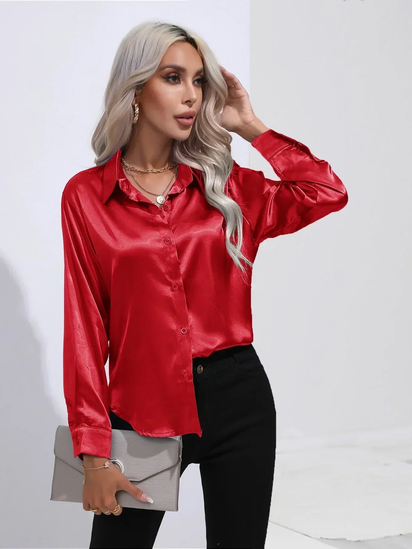 Serenya – Satijnen Blouse met Lange Mouwen, Elegant & Tijdloos voor Kantoor en Events