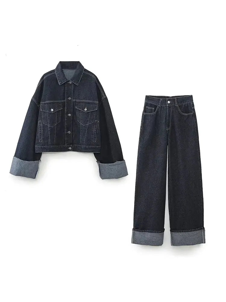 Averine – Denim Set met Blouse & Straight Leg Jeans, Trendy Double Denim
