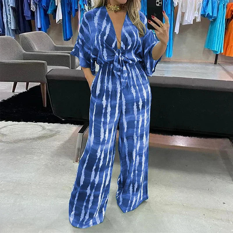 Elyndra – Elegante Dames Jumpsuit met V-Hals en Wijde Pijpen