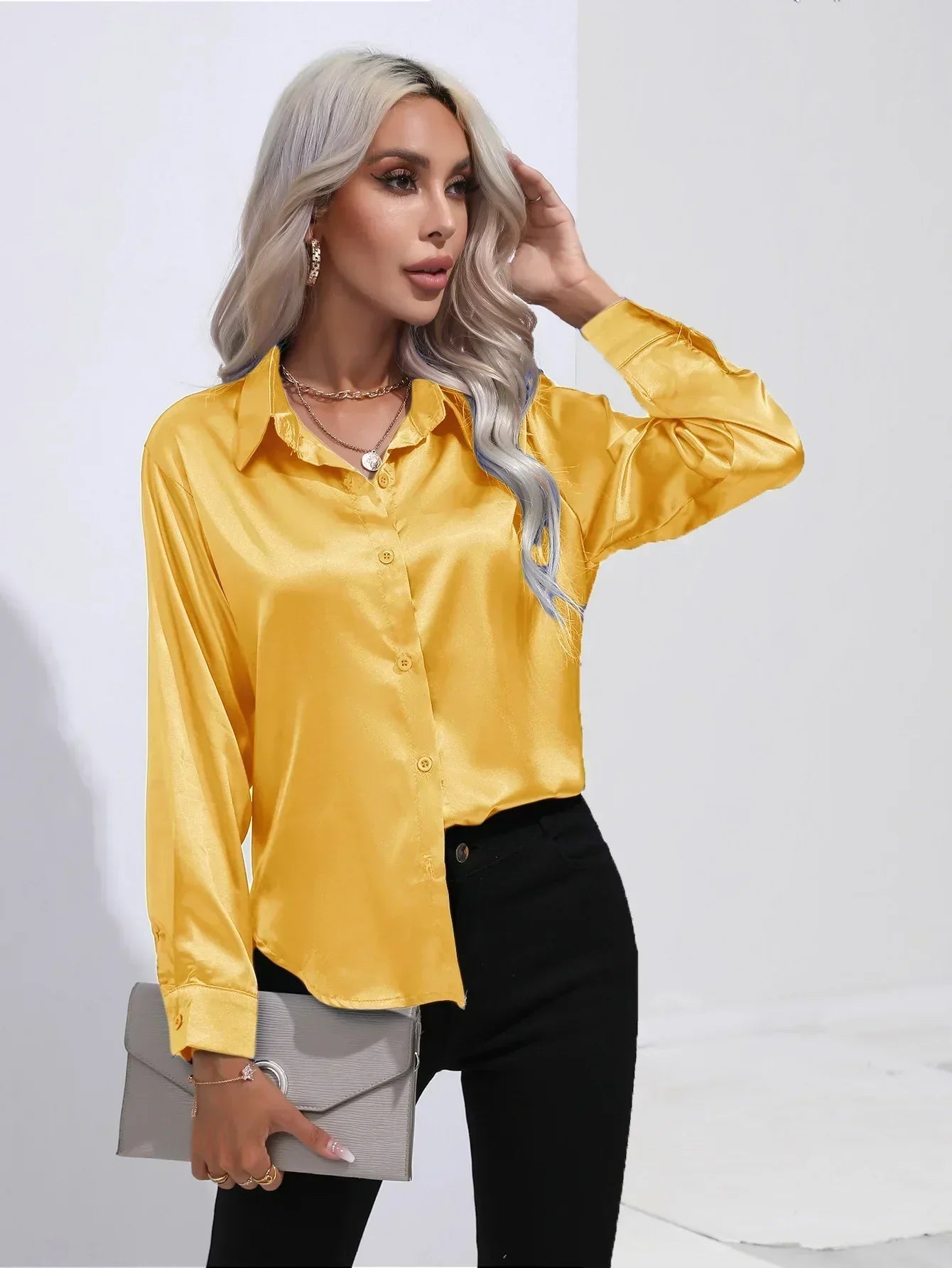 Serenya – Satijnen Blouse met Lange Mouwen, Elegant & Tijdloos voor Kantoor en Events