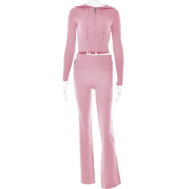 Meliora Trendy Trainingspak met Crop Top en Flared Broek – Stijlvol, Comfortabel en Vrouwelijk