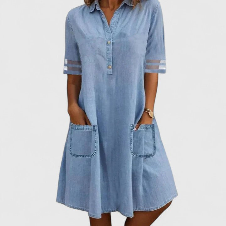 Dames denim jurk met knopen en korte mouwen