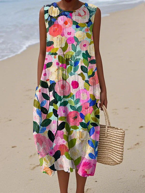 Dames midi jurk met bloemenprint en losse pasvorm