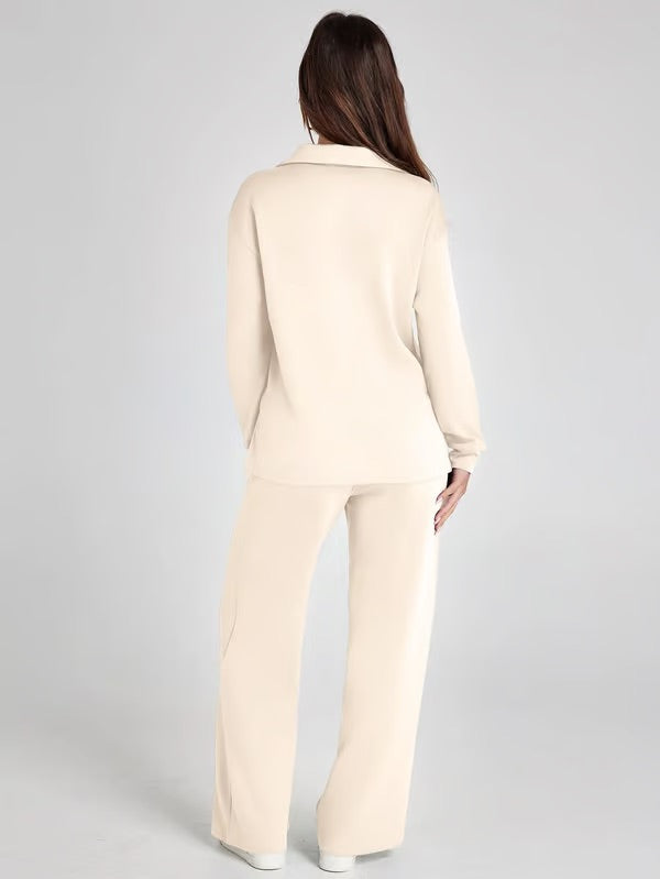 Nerina Set – Dames Tweedelige Lounge Set met V-hals Sweater en Wijde Broek