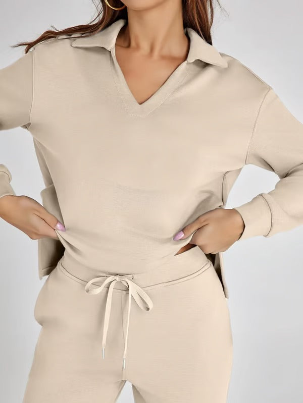 Nerina Set – Dames Tweedelige Lounge Set met V-hals Sweater en Wijde Broek
