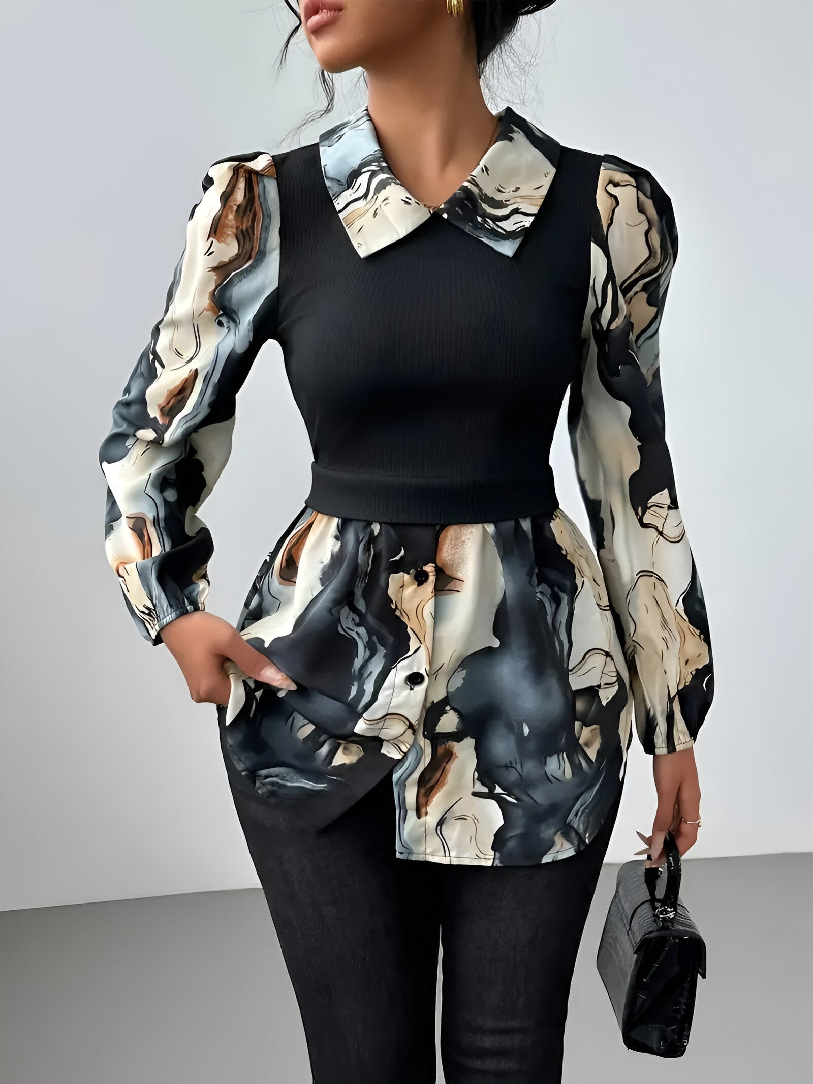 Zylaria - Marmeren Print Damesblouse met Losvallende Pasvorm - Modieuze Kantoor- en Casual Blouse