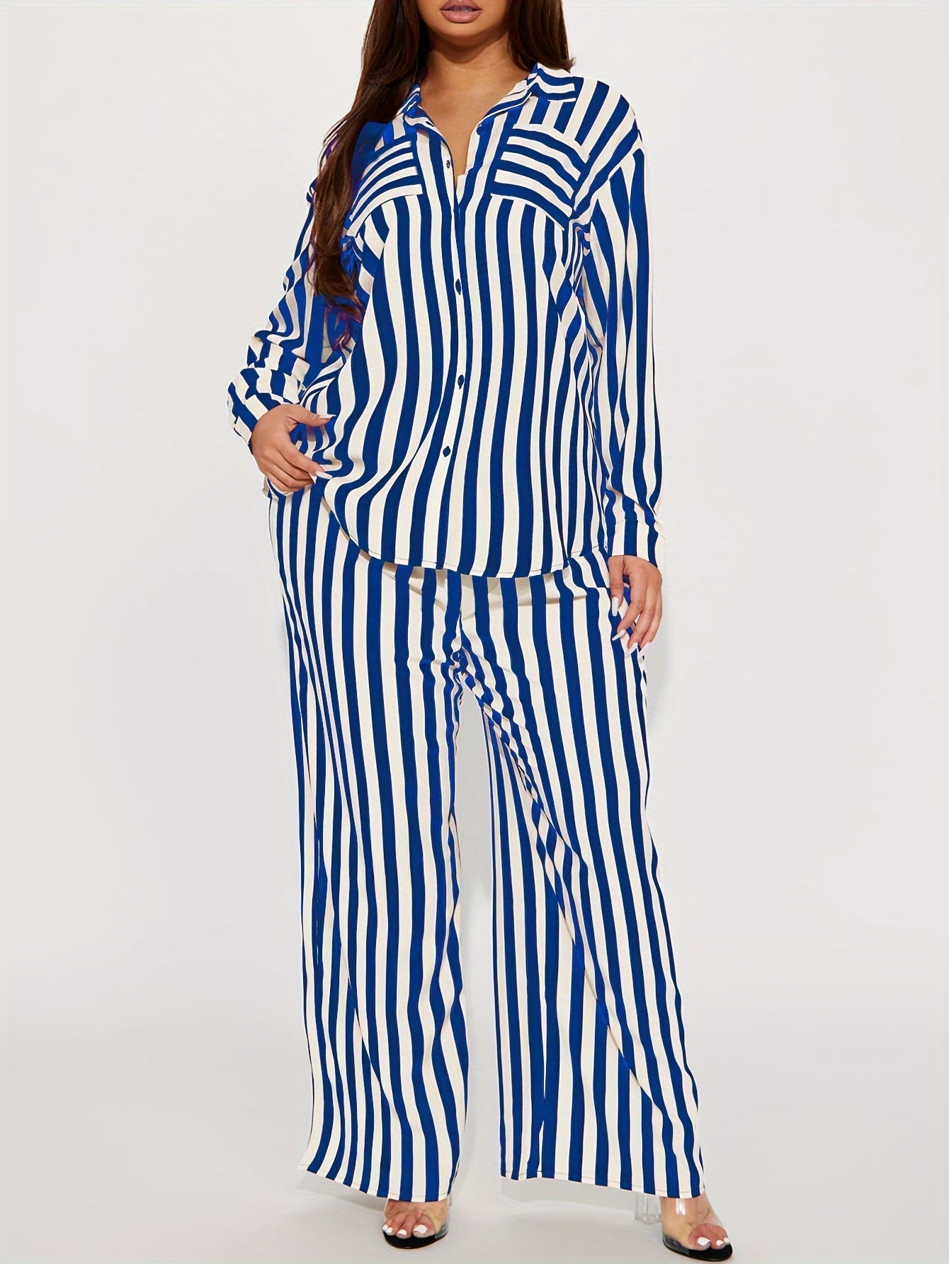 Marcelline Set – Gestreepte Tweedelige Set met Overhemd en Wijde Broek