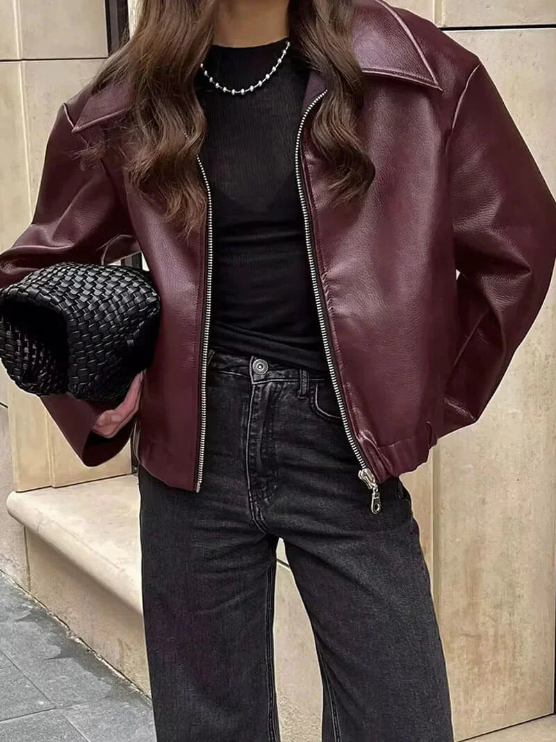 Marcelline Leather Jacket – bordeaux damesjas met stoere elegantie en luxe uitstraling