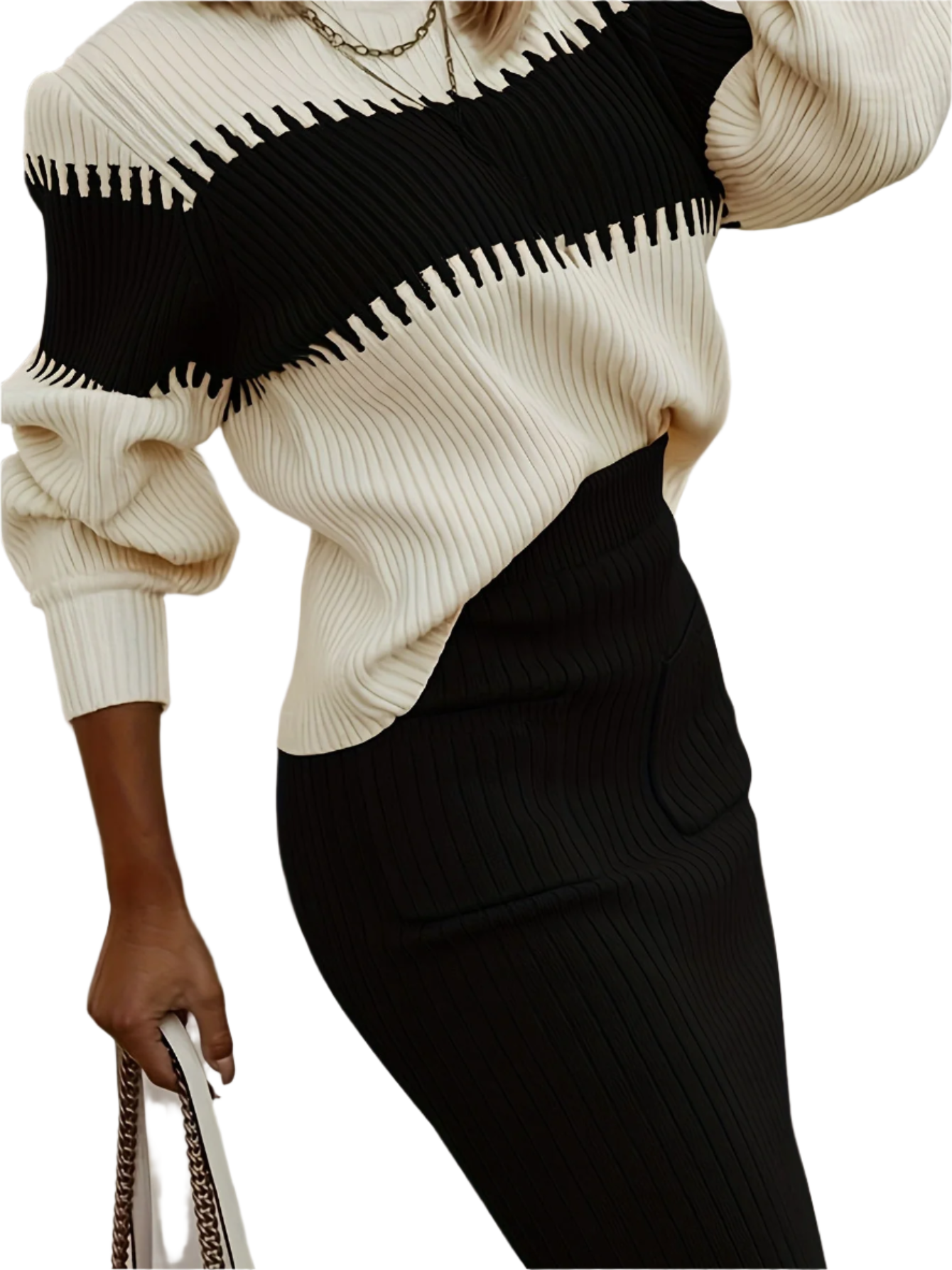 Averelle – Elegante Tweedelige Set met Kleurblok Trui & Midi-Rok, Chic en Comfortabel voor Herfst/Winter