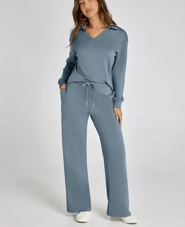 Nerina Set – Dames Tweedelige Lounge Set met V-hals Sweater en Wijde Broek