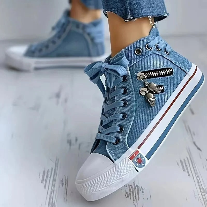 Virella – Dames Sneakers met Denimlook en Zipper-Detail