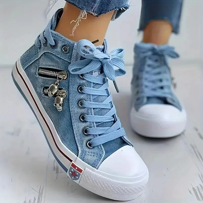 Virella – Dames Sneakers met Denimlook en Zipper-Detail