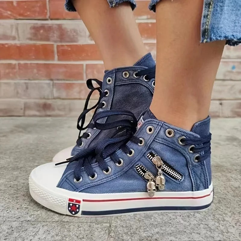 Virella – Dames Sneakers met Denimlook en Zipper-Detail