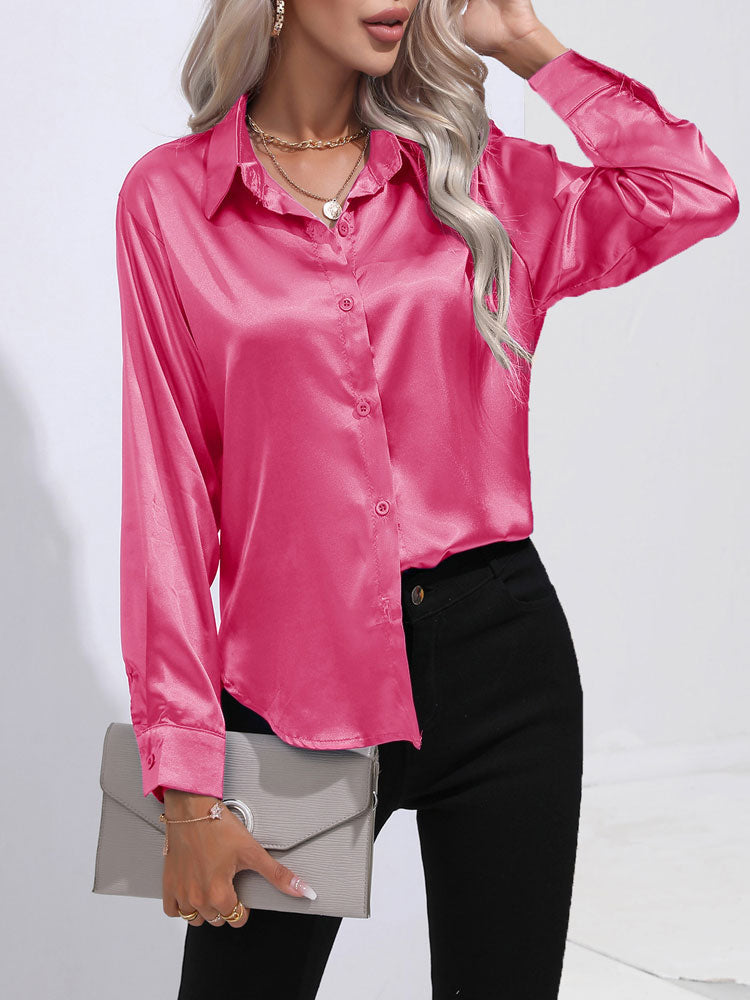 Calenra – Satijnen Blouse met Glans en Klassieke Knopen voor Verfijnde Comfort