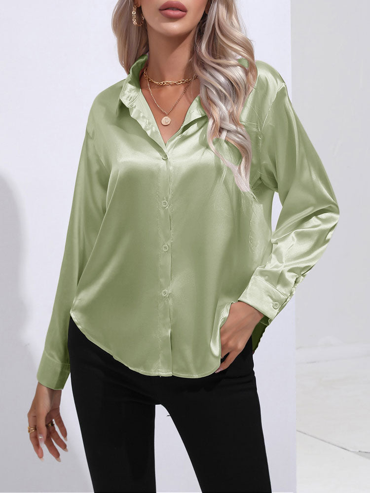Calenra – Satijnen Blouse met Glans en Klassieke Knopen voor Verfijnde Comfort