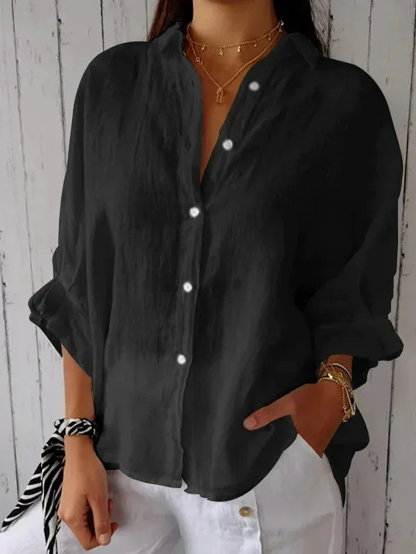 Elara - Elegante Lichtgrijze Linnen Damesblouse met Korte Mouwen en Relaxte Pasvorm