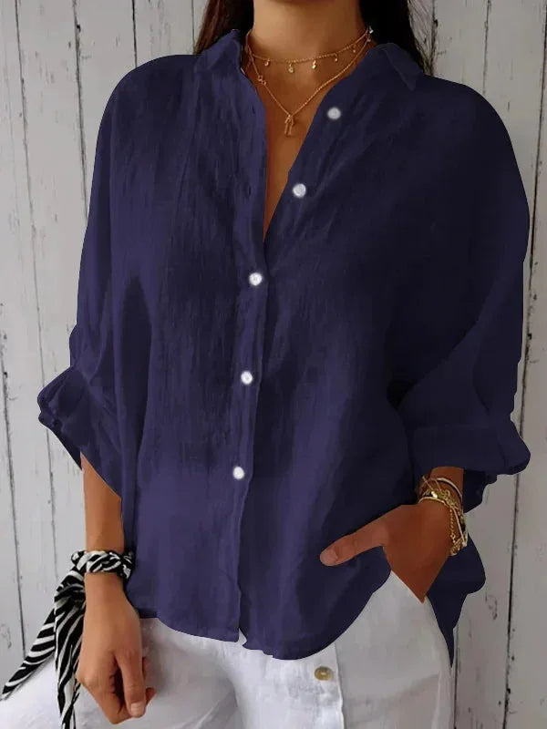 Elara - Elegante Lichtgrijze Linnen Damesblouse met Korte Mouwen en Relaxte Pasvorm