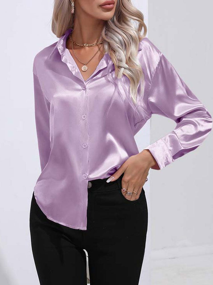 Calenra – Satijnen Blouse met Glans en Klassieke Knopen voor Verfijnde Comfort