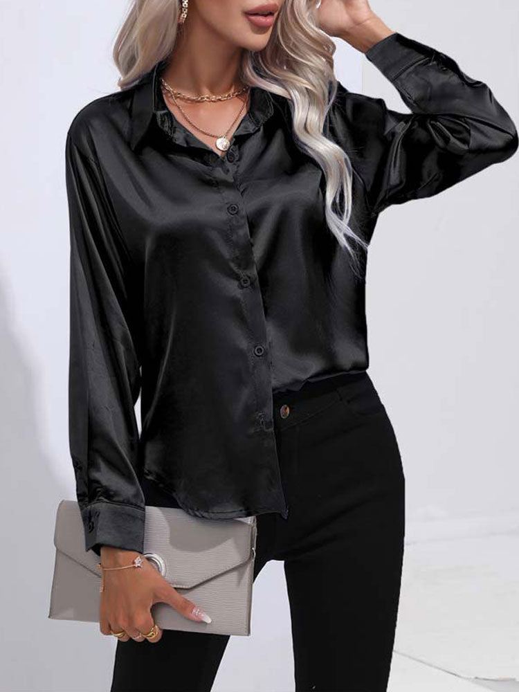 Calenra – Satijnen Blouse met Glans en Klassieke Knopen voor Verfijnde Comfort
