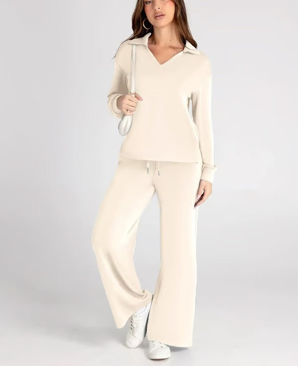 Nerina Set – Dames Tweedelige Lounge Set met V-hals Sweater en Wijde Broek