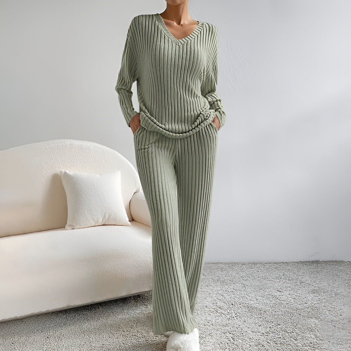 Aveloria – Gebreide Tweedelige Set met V-hals Trui & Broek, Warm & Stijlvol voor Herfst/Winter