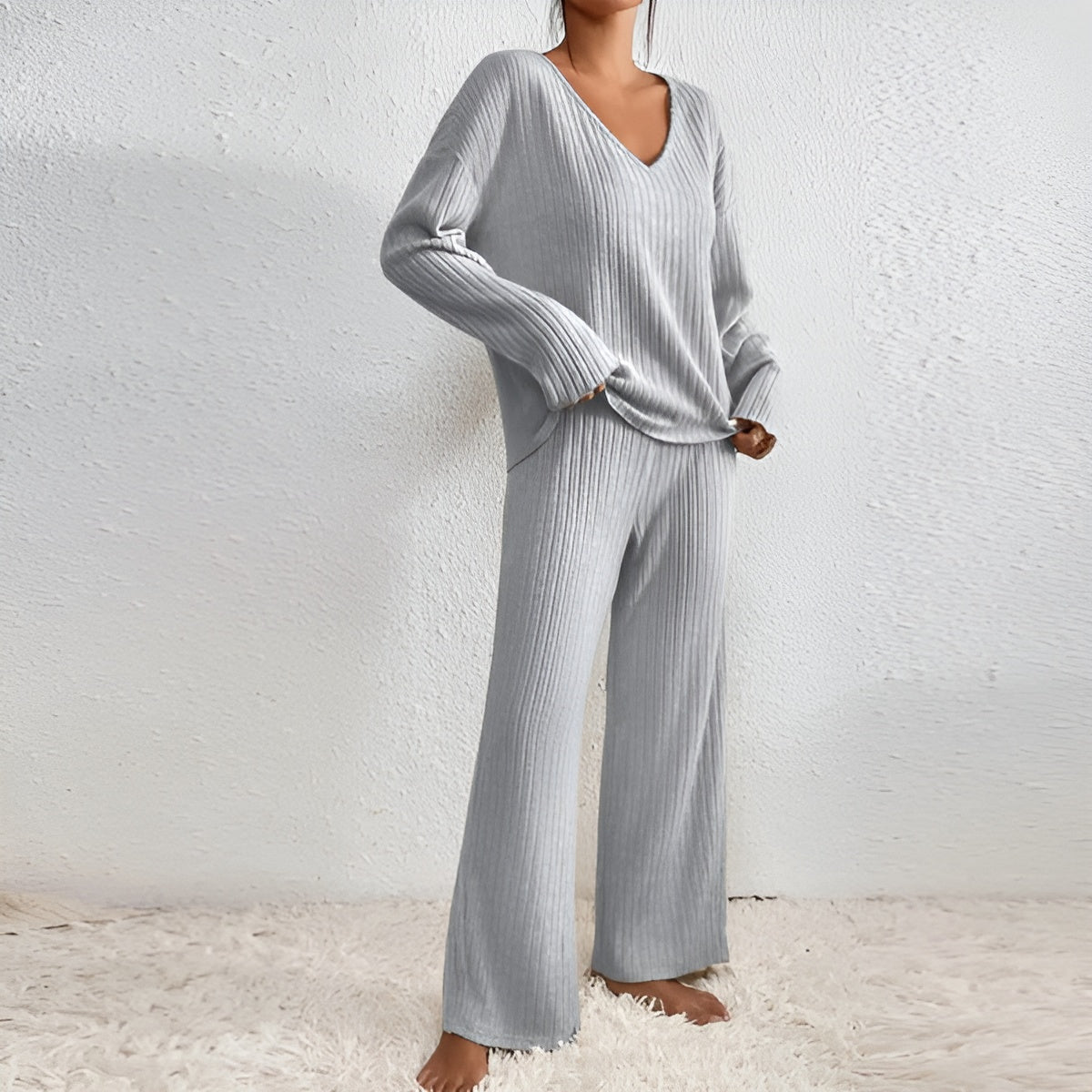 Aveloria – Gebreide Tweedelige Set met V-hals Trui & Broek, Warm & Stijlvol voor Herfst/Winter