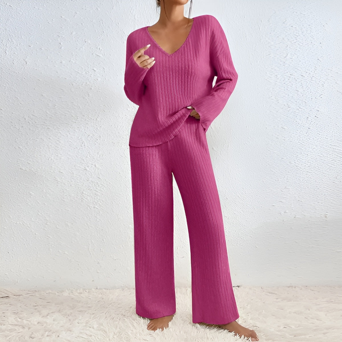 Aveloria – Gebreide Tweedelige Set met V-hals Trui & Broek, Warm & Stijlvol voor Herfst/Winter
