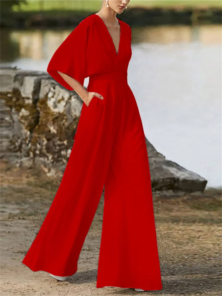 Aurora - Elegante V-hals Jumpsuit met Wijde Pijpen en Vleermuismouwen voor Dames | Perfect voor Lente en Zomer Outfits