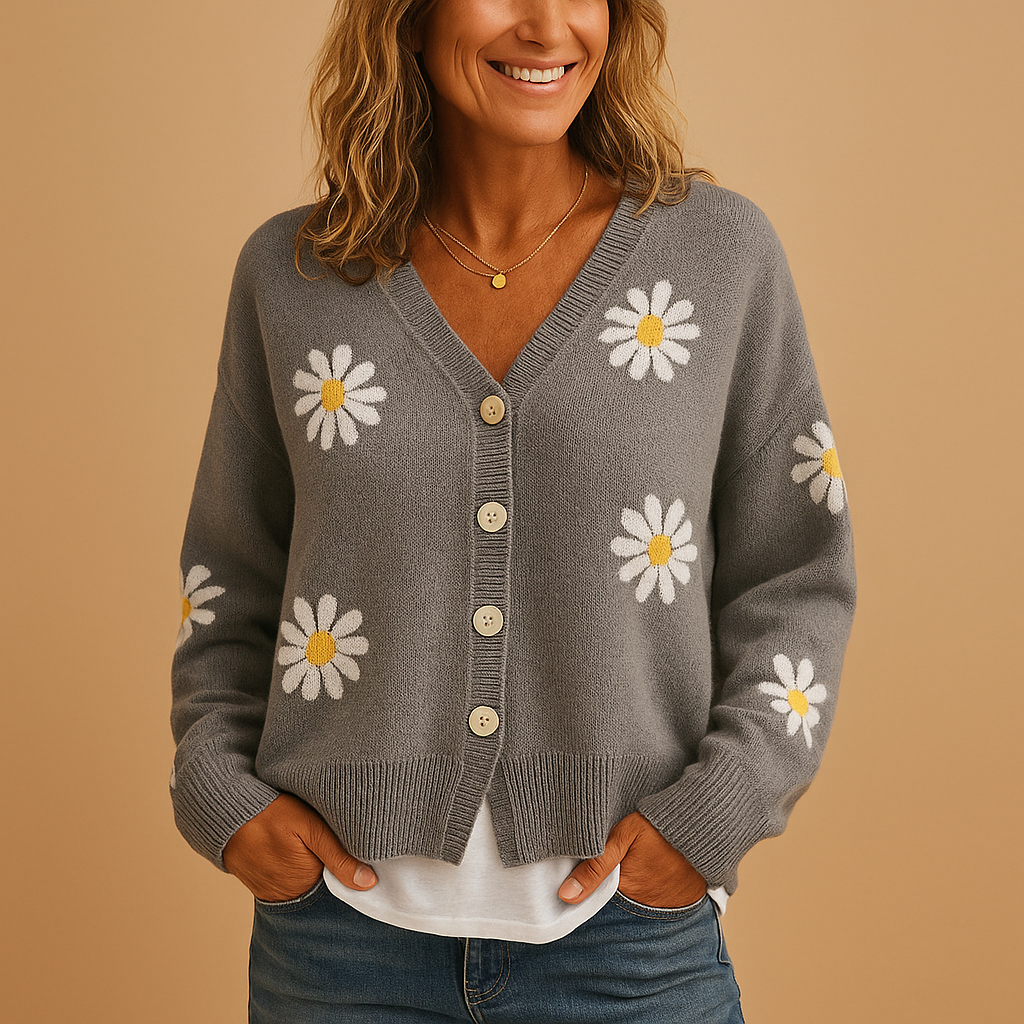 Odette – Gebreid Damesvest met Bloemenpatroon en Tijdloze Elegantie