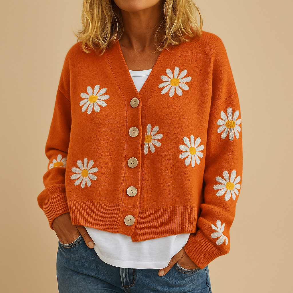 Odette – Gebreid Damesvest met Bloemenpatroon en Tijdloze Elegantie