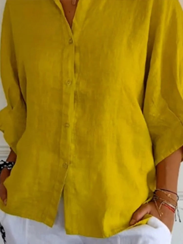 Elara - Elegante Lichtgrijze Linnen Damesblouse met Korte Mouwen en Relaxte Pasvorm