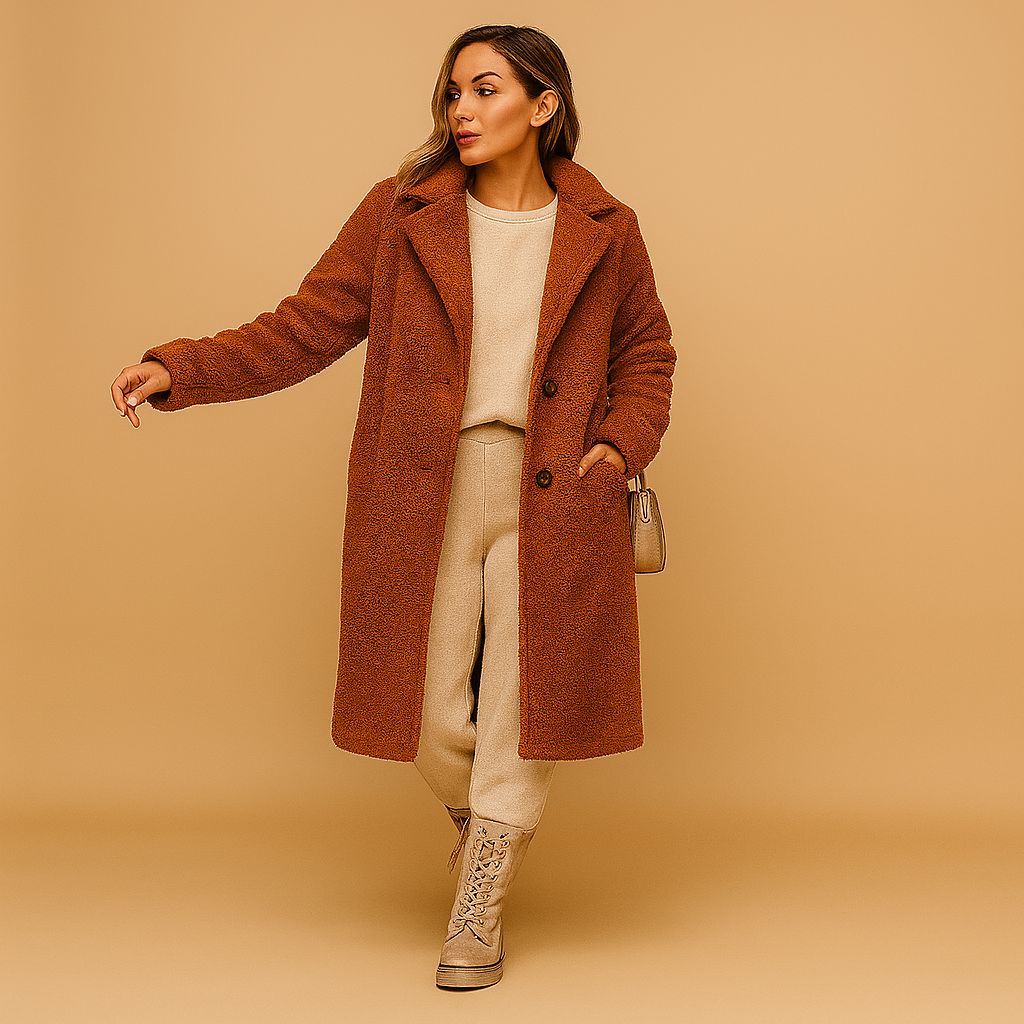 Alira – Lange teddy jas in beige voor dames met luxueuze zachte afwerking
