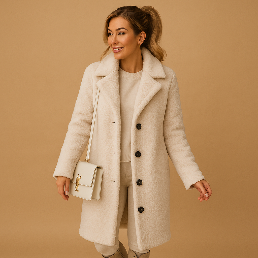 Alira – Lange teddy jas in beige voor dames met luxueuze zachte afwerking