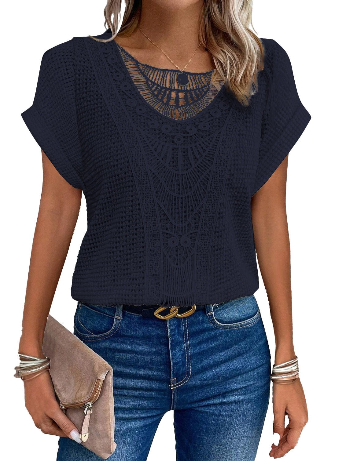 Dames gehaakte top met kant en korte mouwen voor zomerse outfits