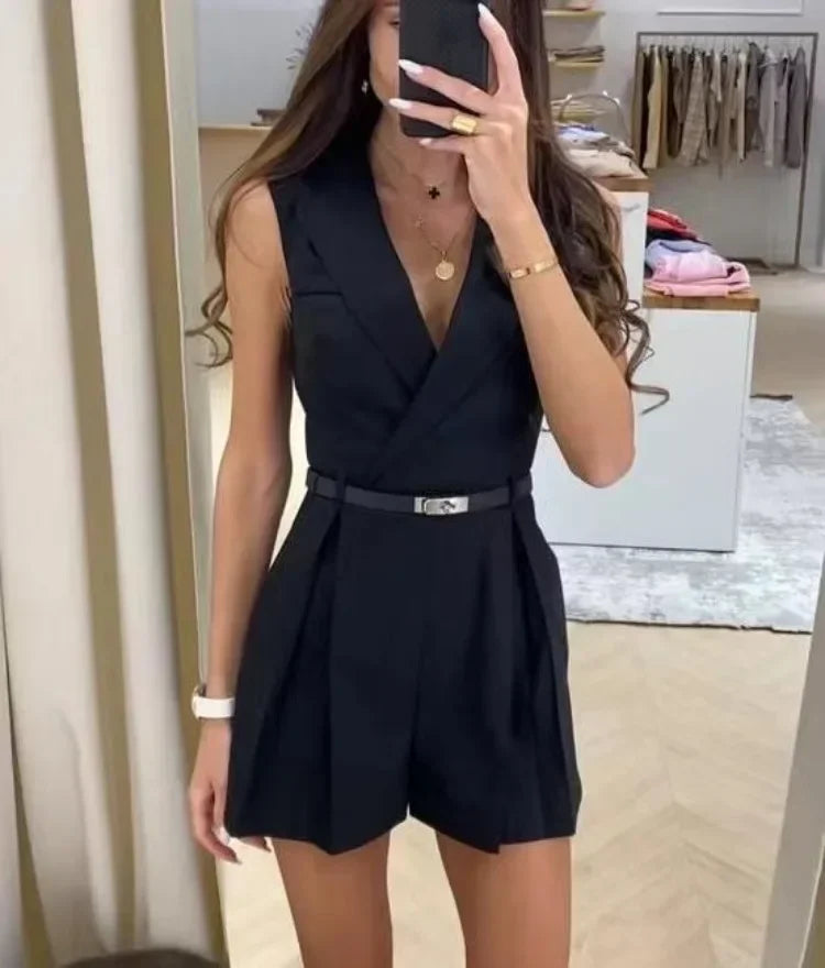 Dames playsuit met ceintuur en kraag – mouwloos en lichtgewicht