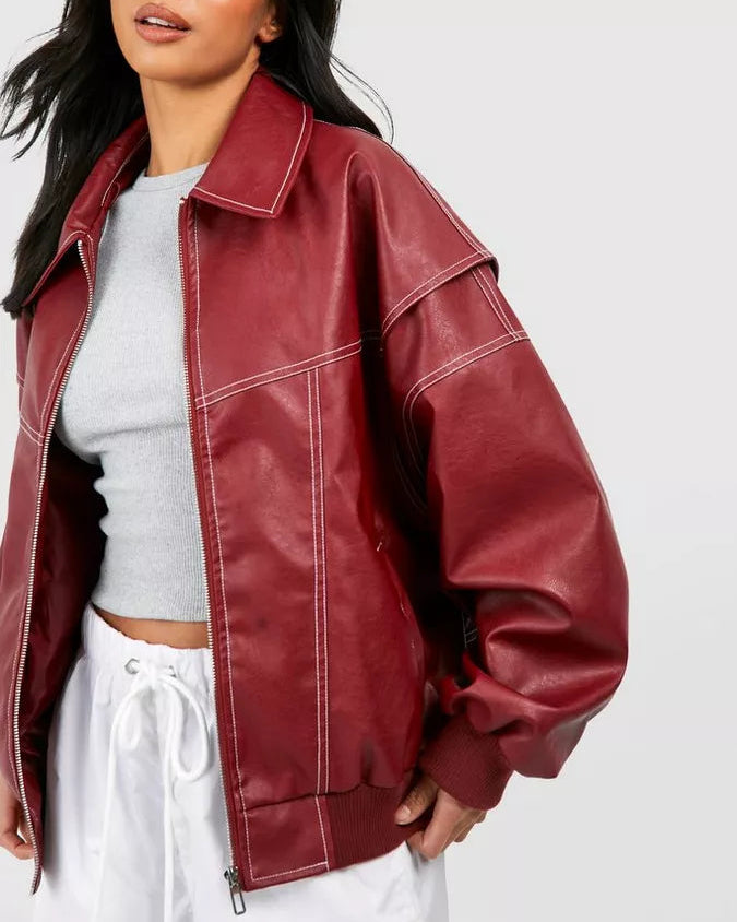 Valentina - Oversized Leren Jas met Stijlvolle Afwerking en Comfortabele Pasvorm