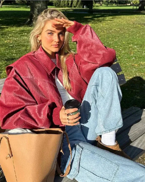 Valentina - Oversized Leren Jas met Stijlvolle Afwerking en Comfortabele Pasvorm