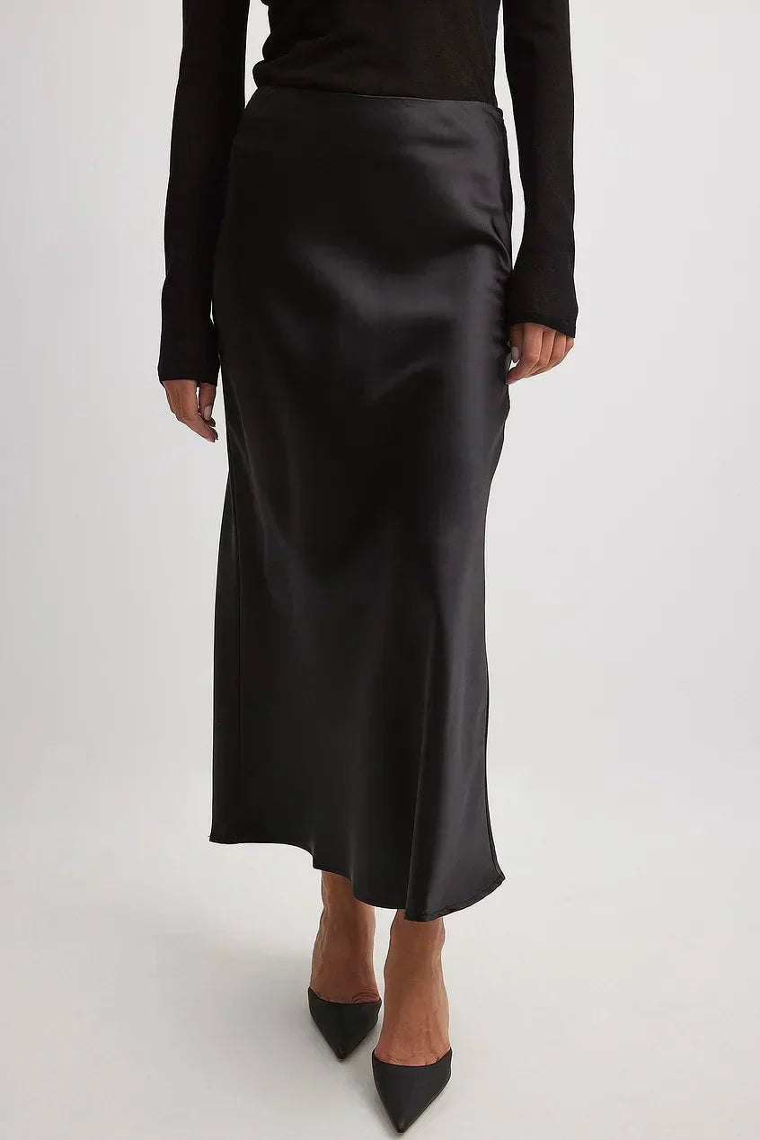 Celeste – Satijnen Midi-Rok met Flatterende Taille en Luxe Glans