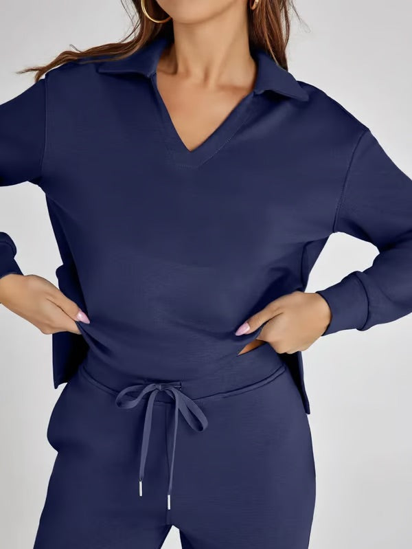 Nerina Set – Dames Tweedelige Lounge Set met V-hals Sweater en Wijde Broek