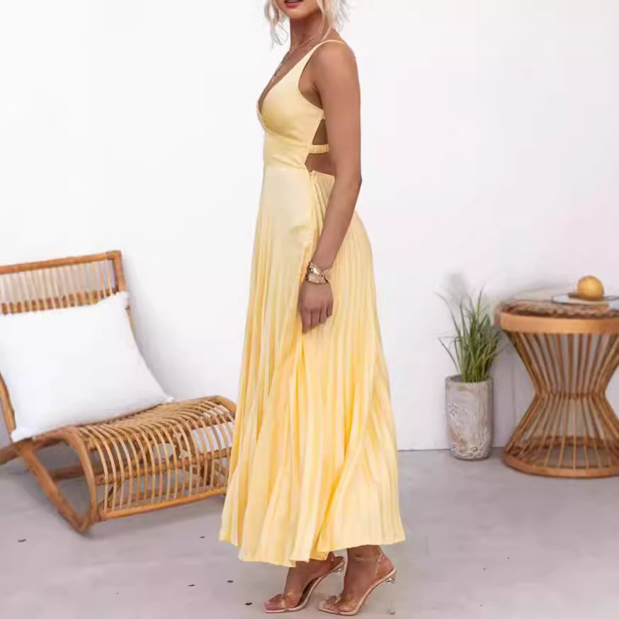 Viviana - Stijlvolle Gele Plissé Maxi Jurk voor Dames - Ideale Zomeroutfit voor Feestelijke en Casual Gelegenheden