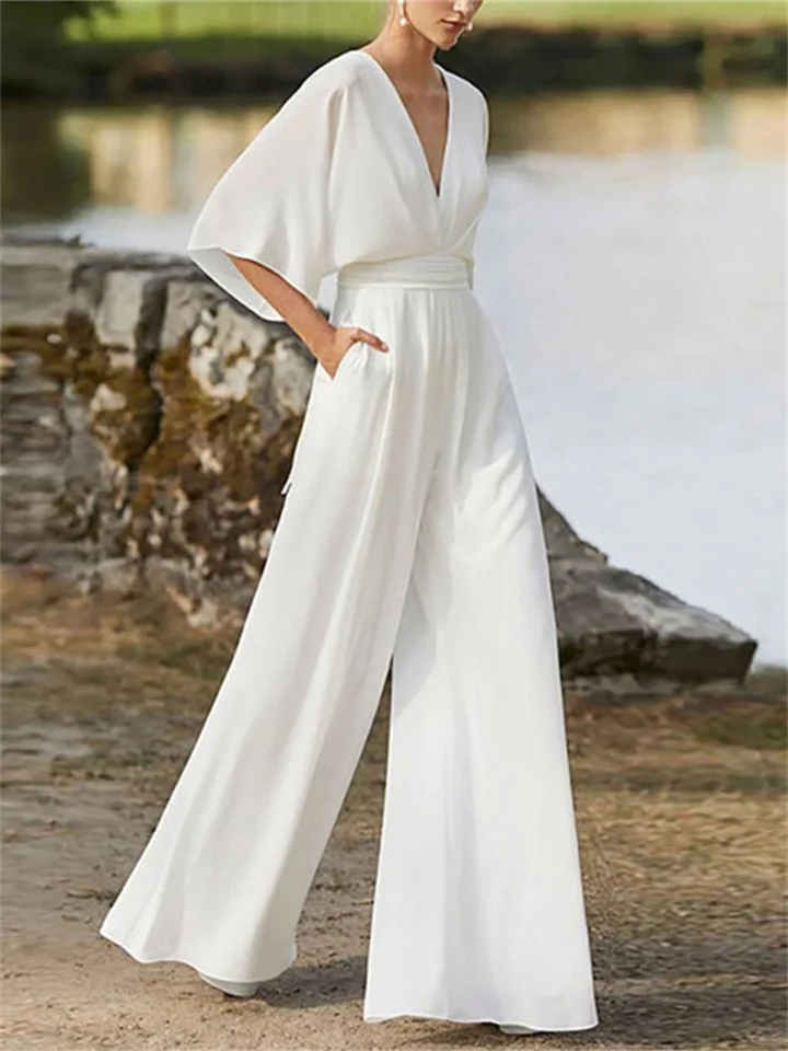 Aurora - Elegante V-hals Jumpsuit met Wijde Pijpen en Vleermuismouwen voor Dames | Perfect voor Lente en Zomer Outfits