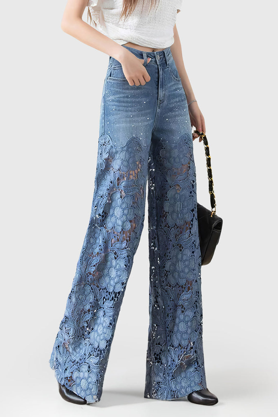 Seraphina patchwork jeans met wijde pijpen en kanten details